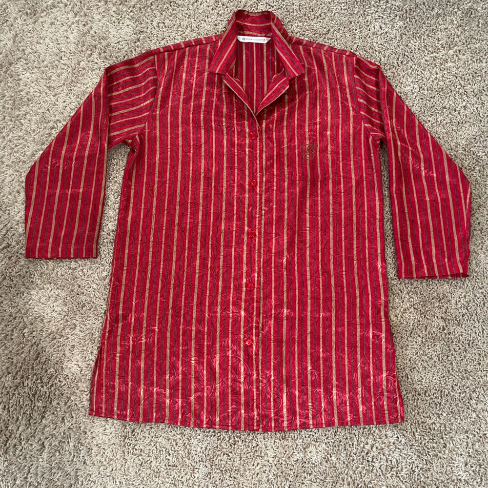 Victoria’s Secret Night Shirt - Red w gold stripes, faint paisley pattern.